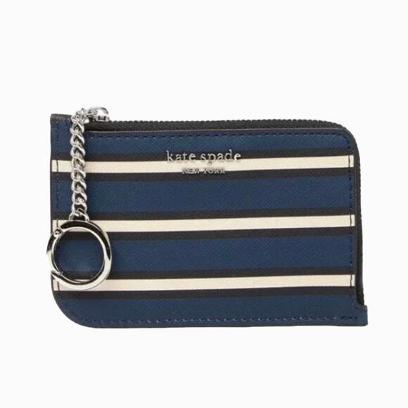NWT Kate Spade Navy/Cream Stripe Leather Cameron York Medium L-Zip Wallet - Picture 1 of 10
